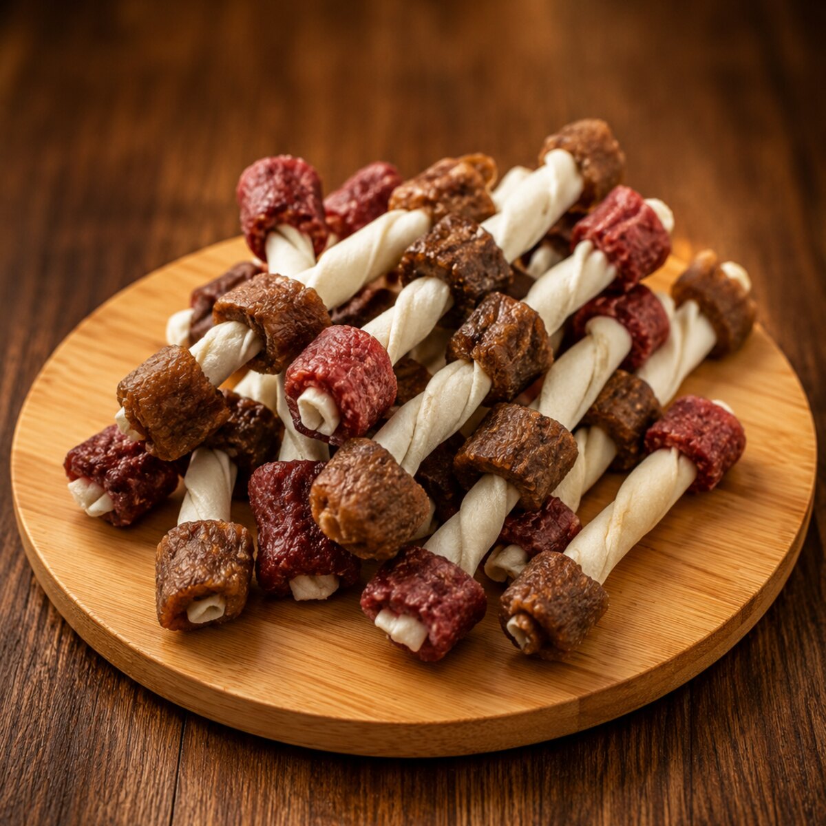 Brochetas de carnaza con trozos de carne sobre una tabla de madera