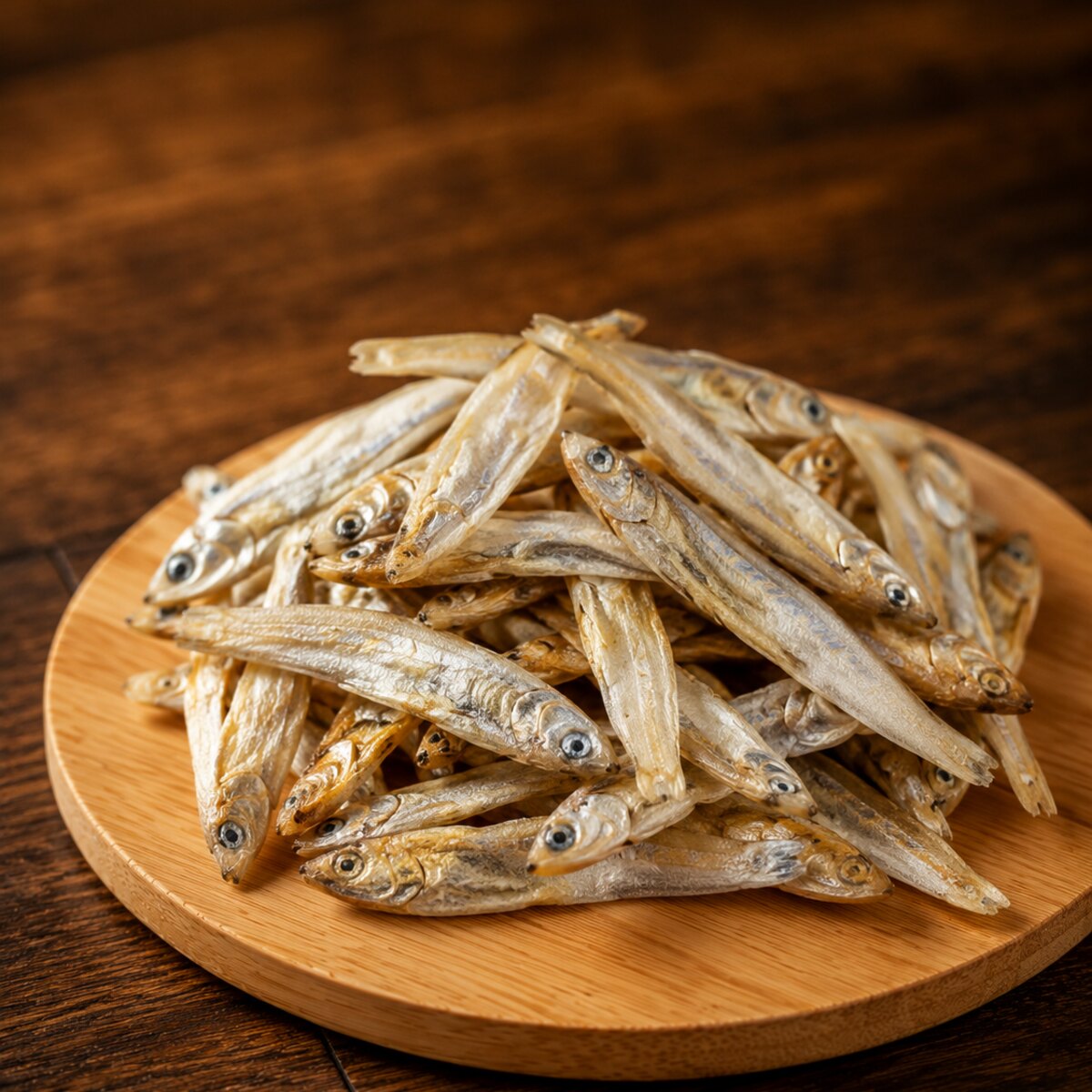 Charalitos de pescado deshidratado sobre una tabla de madera