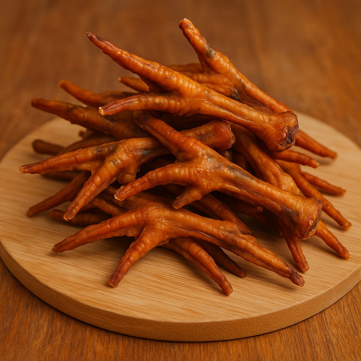 Patitas de pollo deshidratadas sobre una tabla de madera