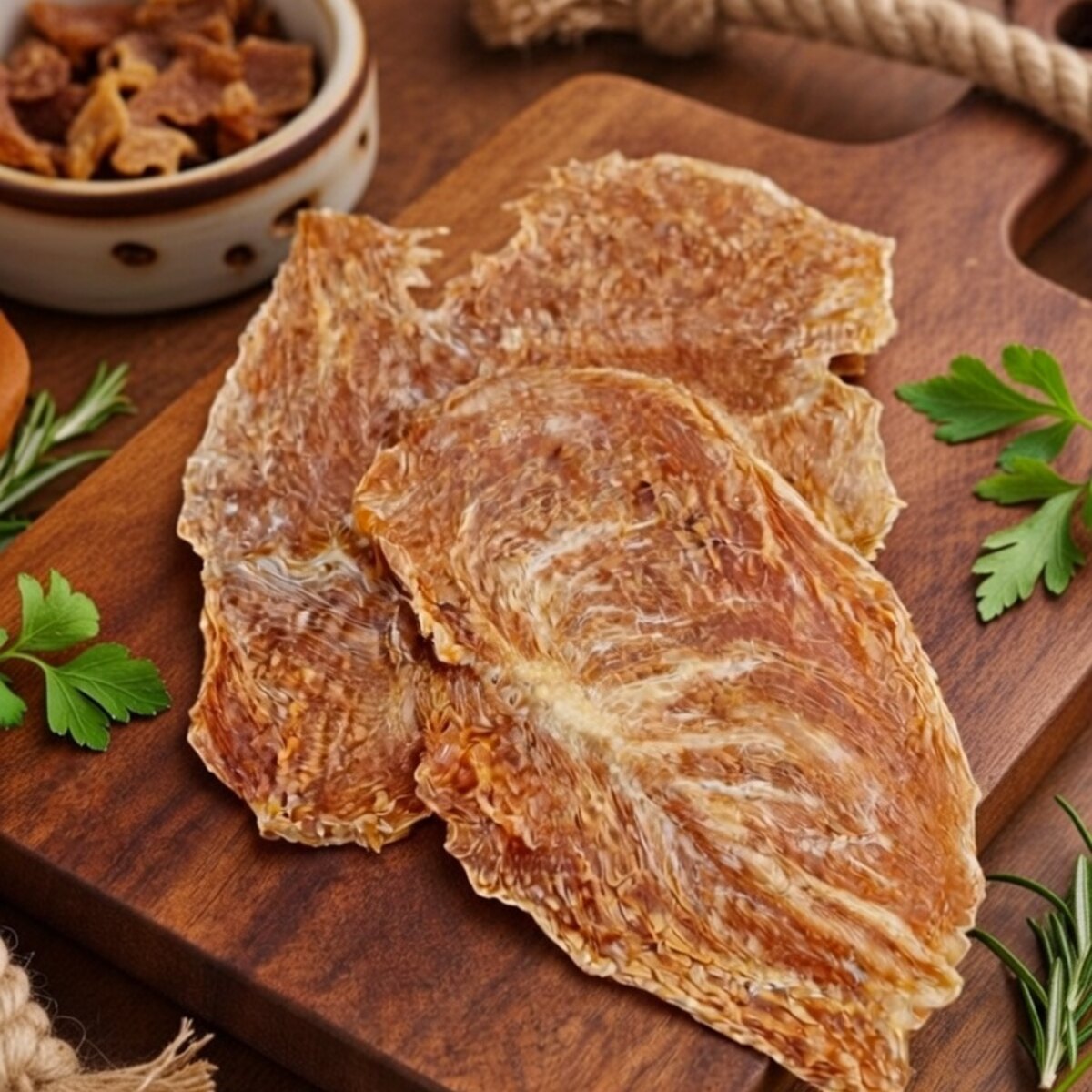 Láminas de pollo deshidratadas sobre una tabla de madera