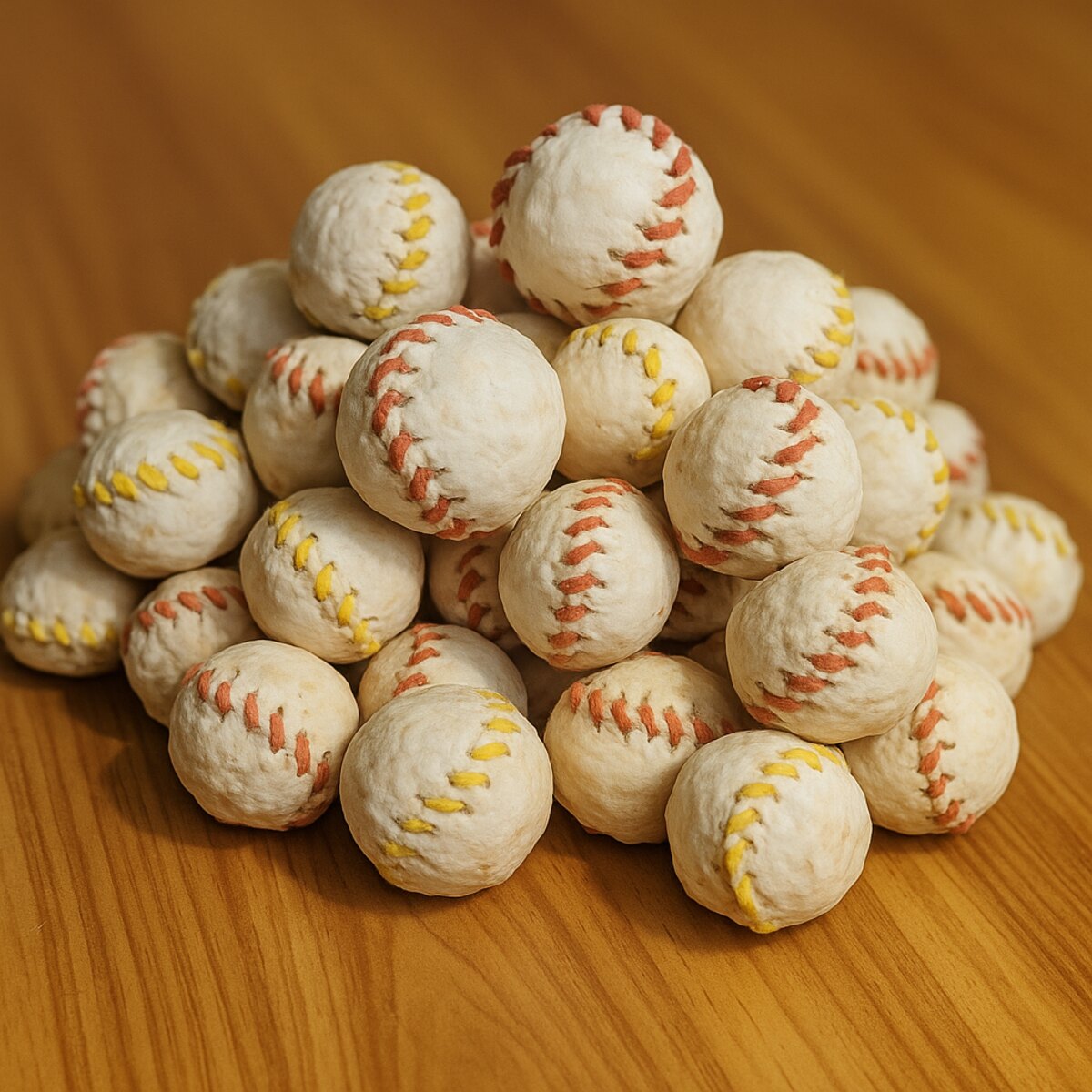 Pelotas masticables tipo béisbol sobre una tabla de madera