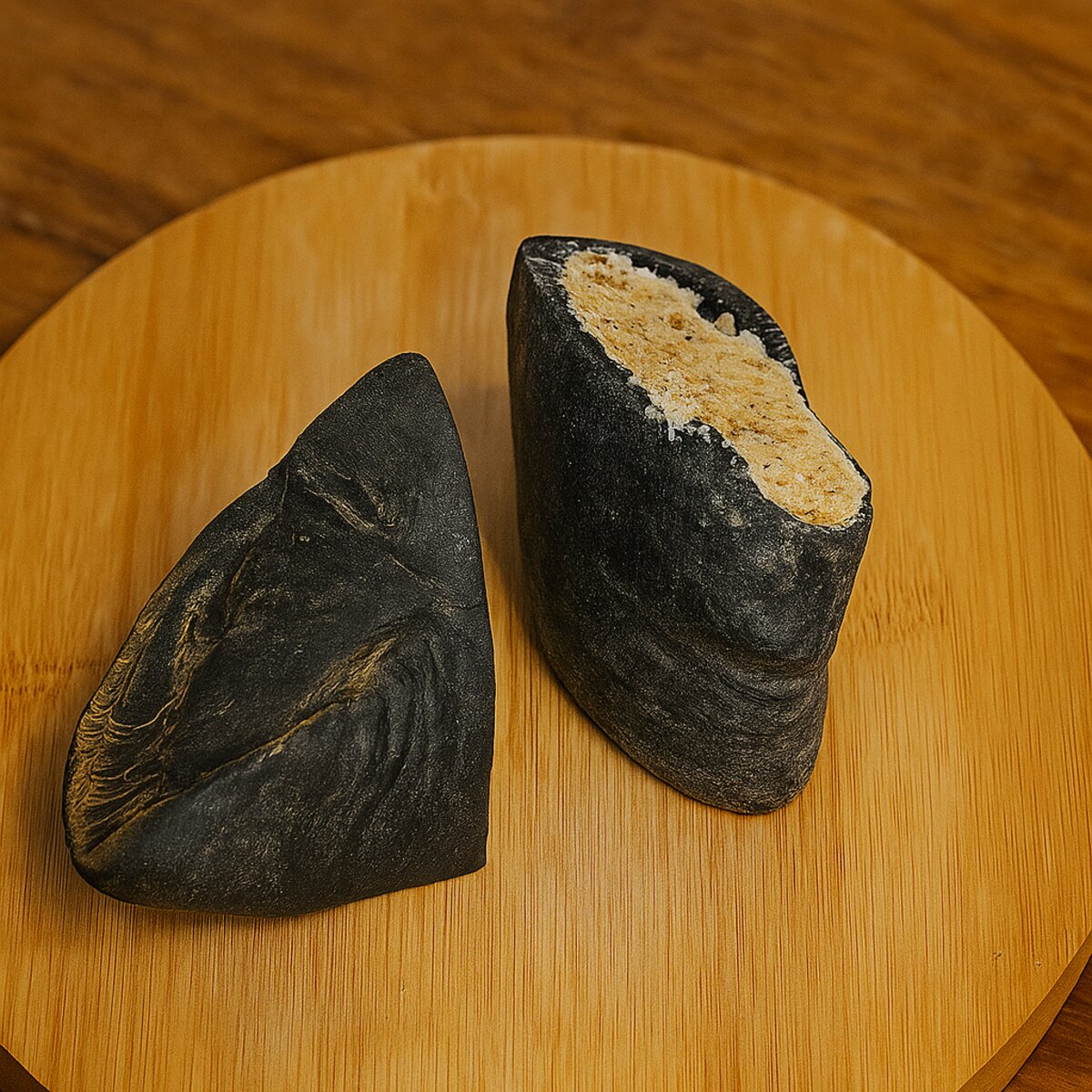Pezuña rellena de carnaza sobre una tabla de madera