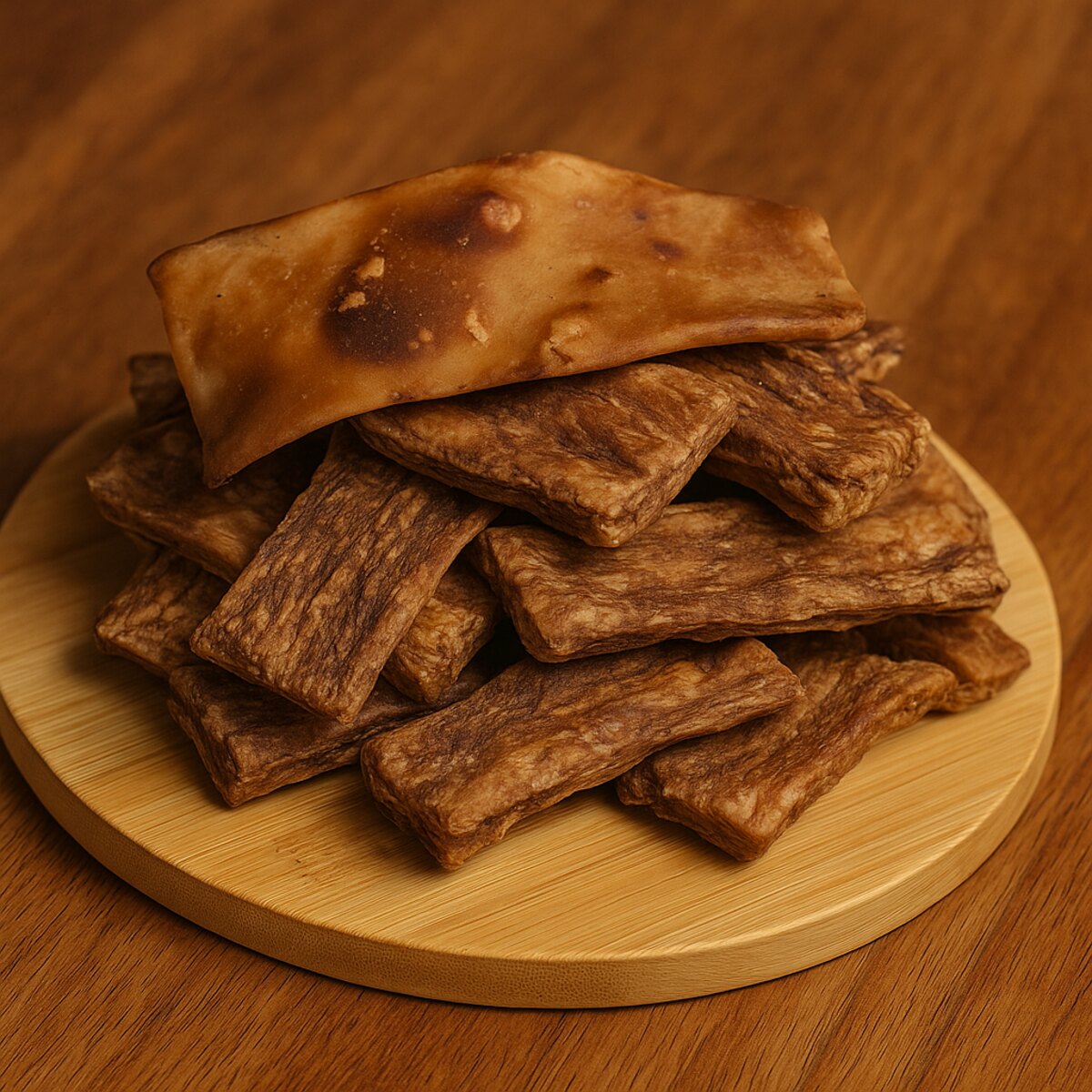 Tiras de res deshidratadas apiladas sobre una tabla de madera